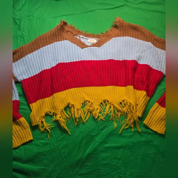 Knit Cropped Red Yellow Brown Blue Fringe Hem Sweater Size Large - Picture 1 of 6